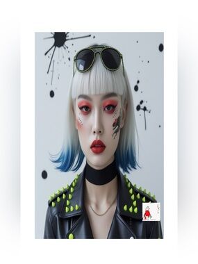 HANDCRAFTED model wearing Studded Black Leather Jacket with Neon Accents  print